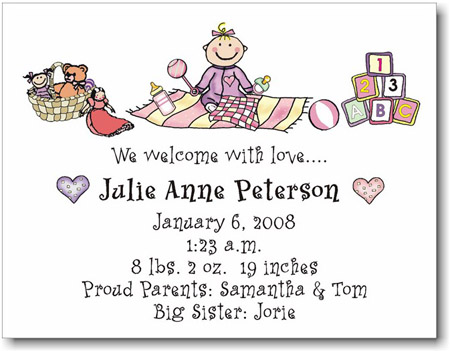 Pen At Hand Stick Figures Birth Announcements - Carpet - Girl